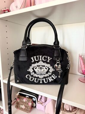 Juicy Couture “Falling For Juicy” Black Velvet Embroidered Logo Satchel